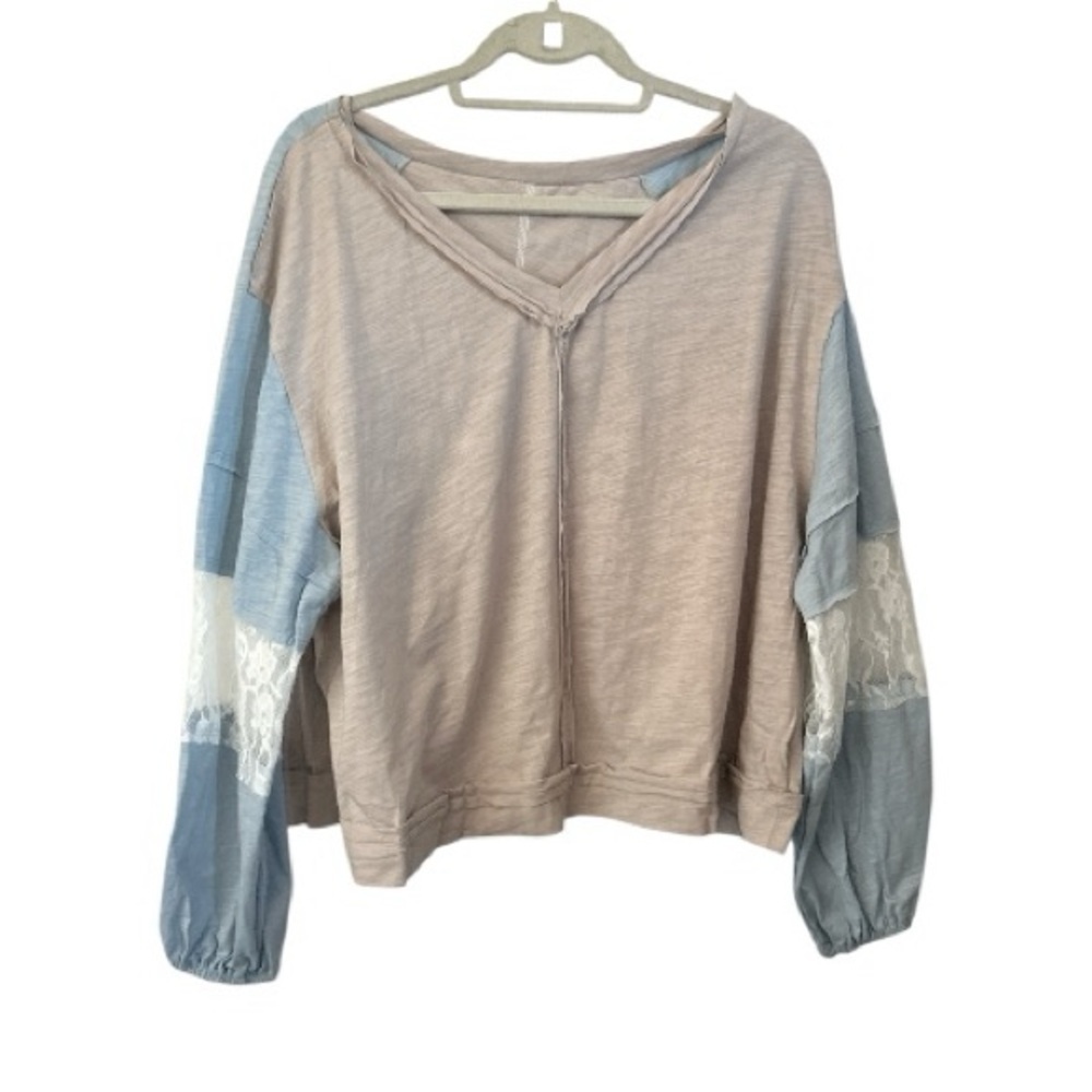 Shein Colorblock Lace Sleeve V-Neck Top Beige Blue Size L